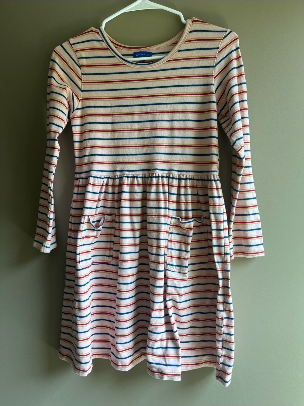 Maison Me Girls' Cream Striped Long-Sleeve Dress with Red & Blue Stripes